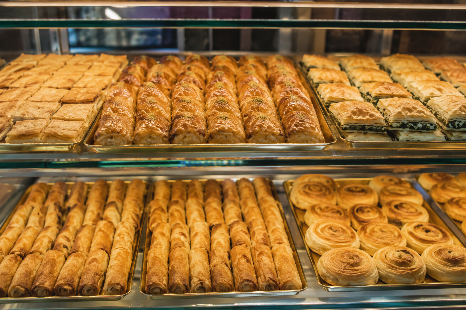 Vitrinë me byrekë dhe bakllava me brumë shtresash — me gjizë, spinaq dhe mish, Bregovina Pasticeri