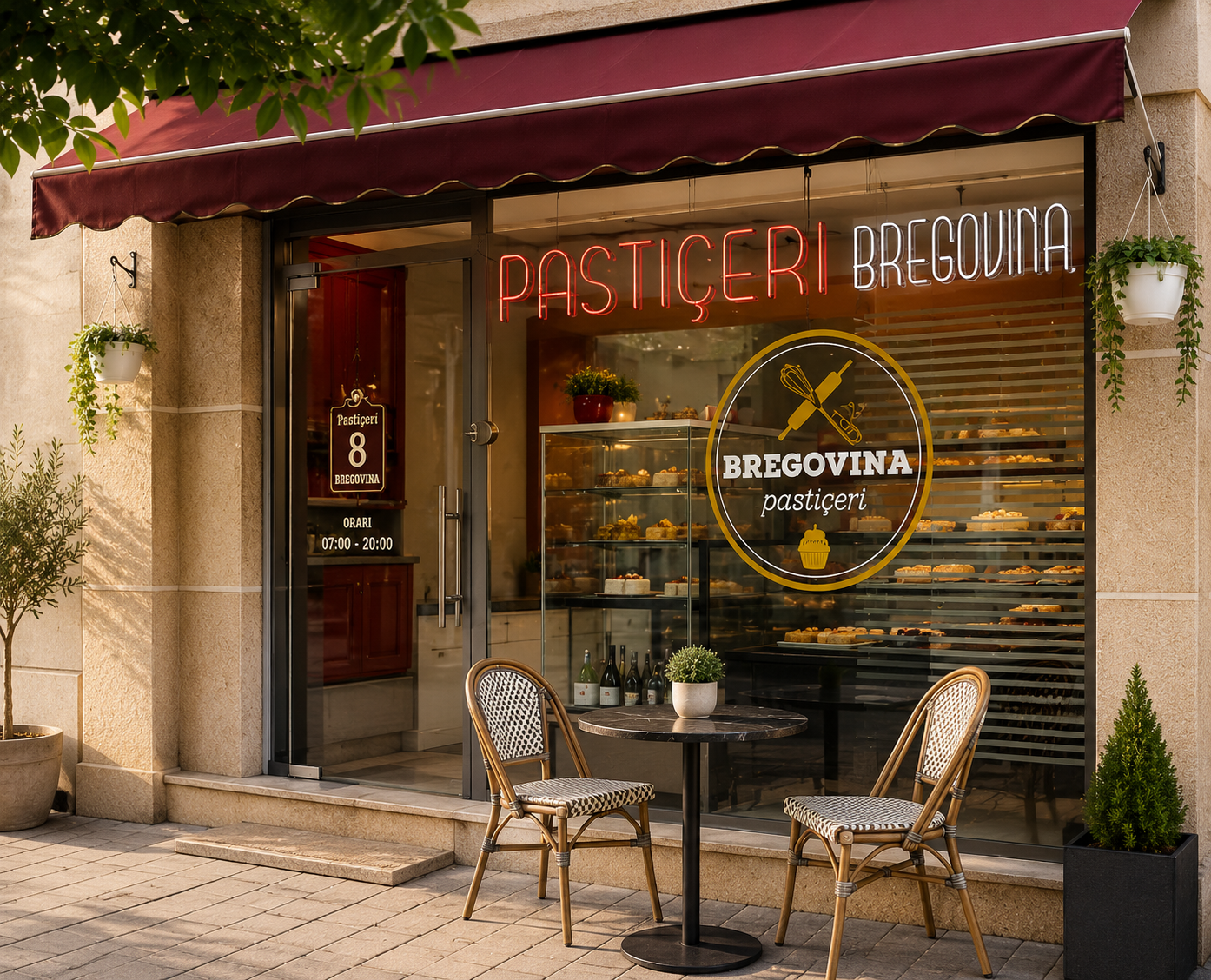 Dyqani i Pastiçeri Bregovina në Fier — vitrinë me torta dhe ëmbëlsira, nga rruga