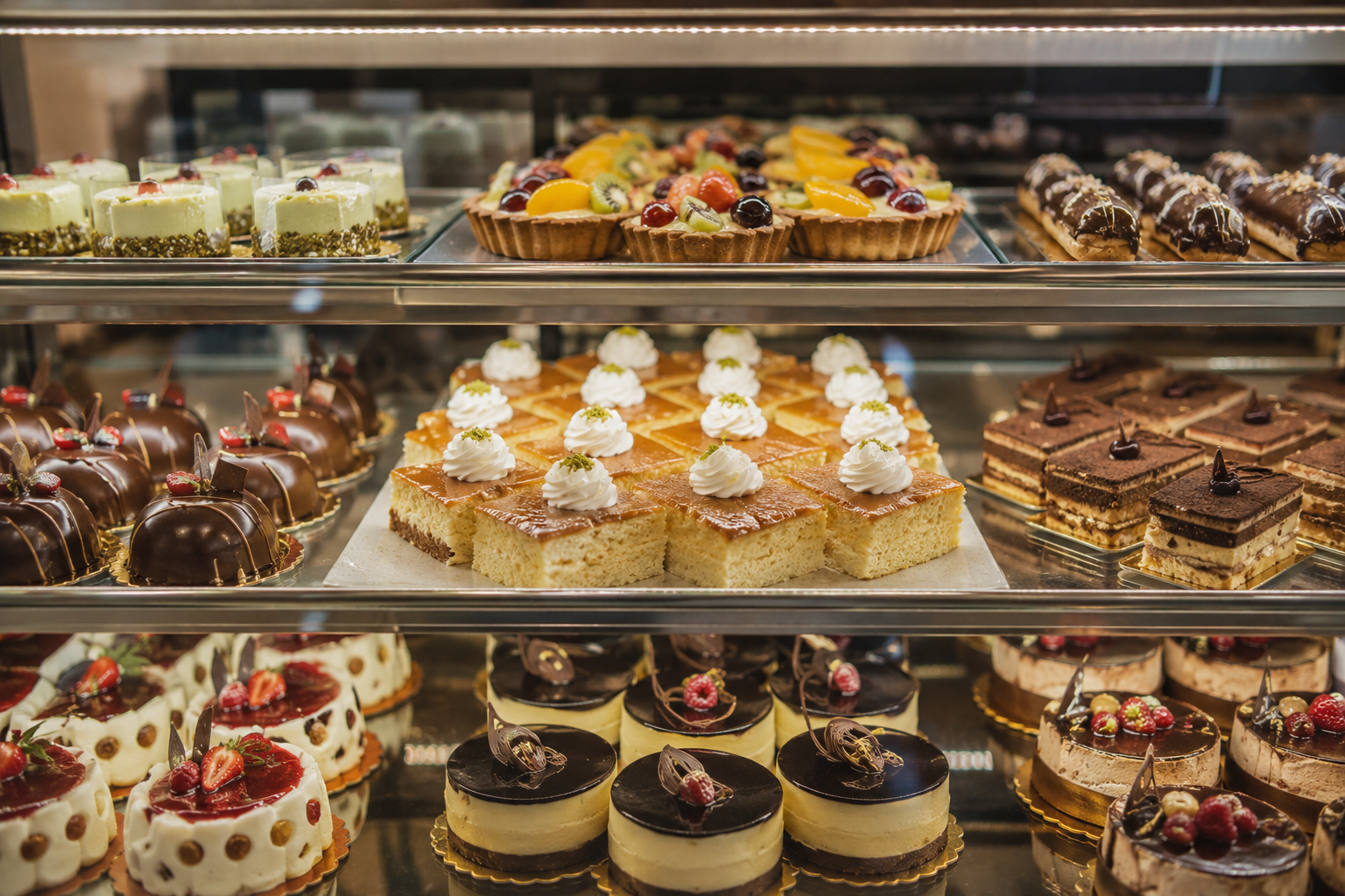 Vitrinë me ëmbëlsira të freskëta — trileçe, eklairë, tart me fruta dhe torta me pistacio në Bregovina Pasticeri
