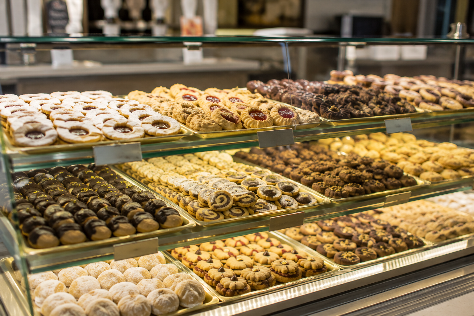 Vitrinë me biskota artizanale — me sheqer pluhur, reçel dhe çokollatë, Bregovina Pasticeri